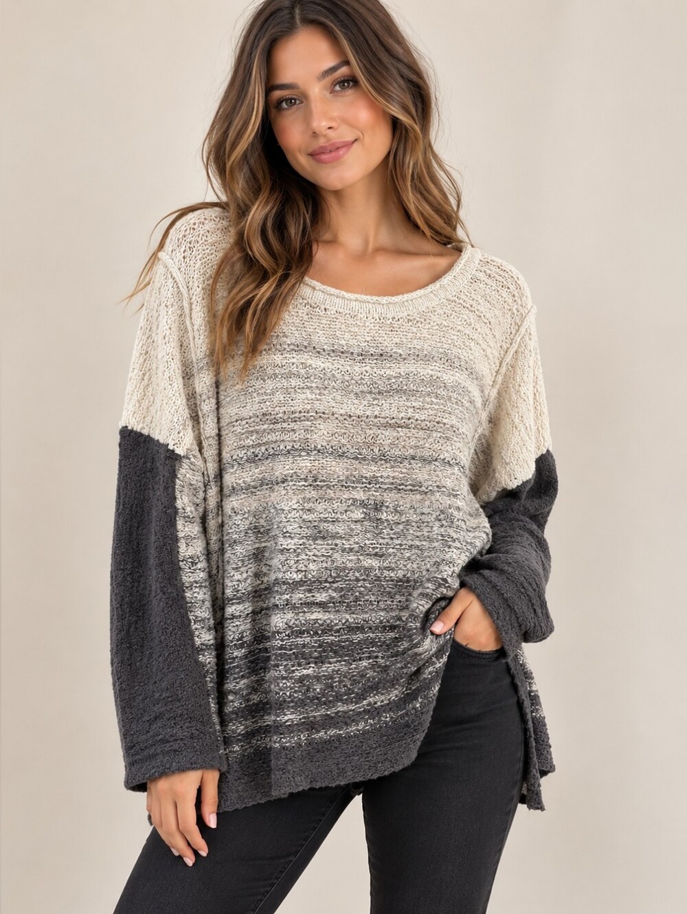Free People Ombre Scoop Neck Sweater in Cream and Charcoal